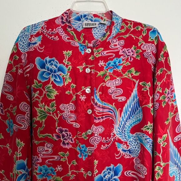 Chico's Silk Asian Art Kimono Top Womens XL 3 Floral Phoenix Red Artsy Lagenlook - Picture 2 of 11